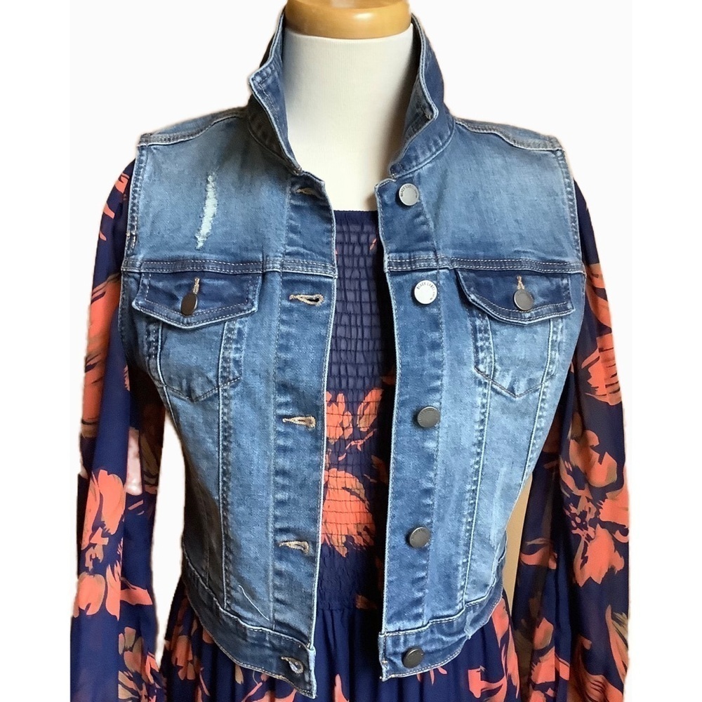C'Est Toi Distressed Blue Denim Jean Vest Cropped Sleeveless Jacket Size M